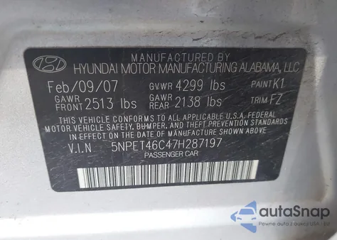 2007 Hyundai Sonata Gls из США, поврежденный, VIN 5NPET46C47H287197